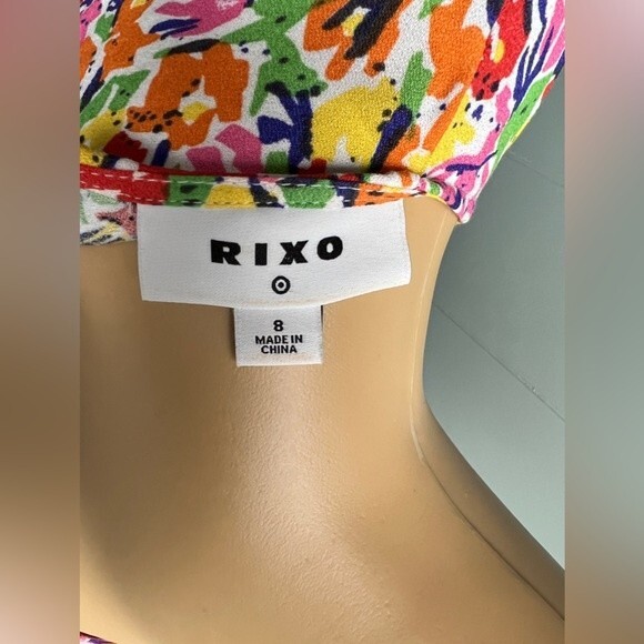 Multi Color Floral Puff Sleeve Midi Dress by RIXO Hidden back zip v neck Size 8 - Picture 10 of 12